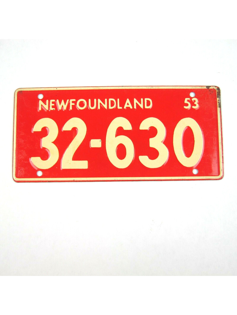 Vintage 1953 Wheaties Cereal Newfoundland Metal Bicycle License Plate 32-630 Red